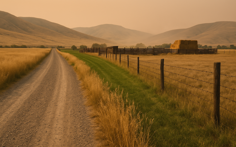 A mowed fuel-break strip along a fence line separates cured roadside grass from a Montana ranch's corrals and hay stack under a hazy summer sky