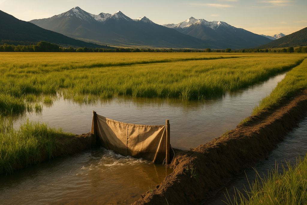 Flood irrigation water spreading across a green Montana hay meadow from an earthen ditch with mountains in the background