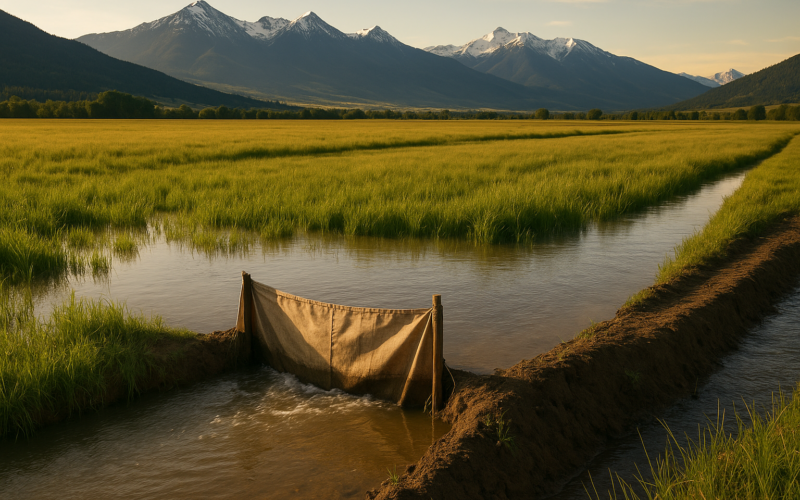 Flood irrigation water spreading across a green Montana hay meadow from an earthen ditch with mountains in the background