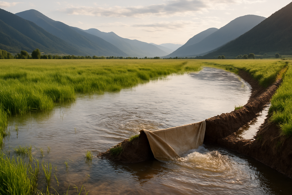 Water spreading across a green flood-irrigated hay meadow in a Montana valley with mountains behind under morning light