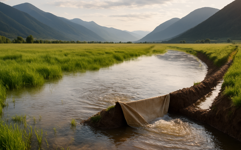 Water spreading across a green flood-irrigated hay meadow in a Montana valley with mountains behind under morning light