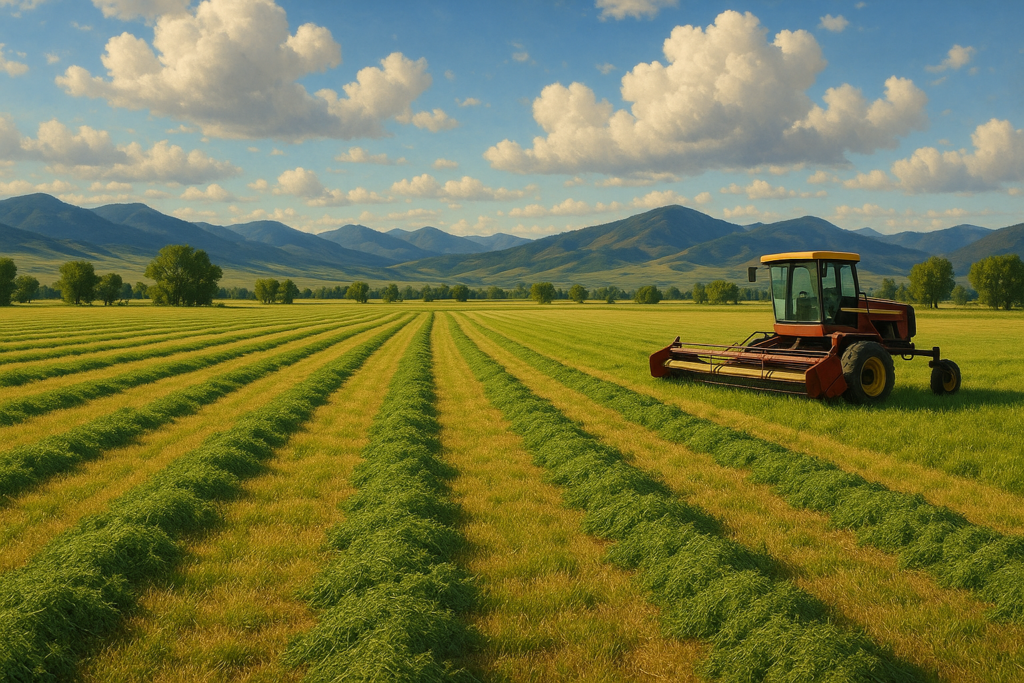 Freshly cut green alfalfa windrows across a Montana hay meadow with foothills in the background under afternoon light