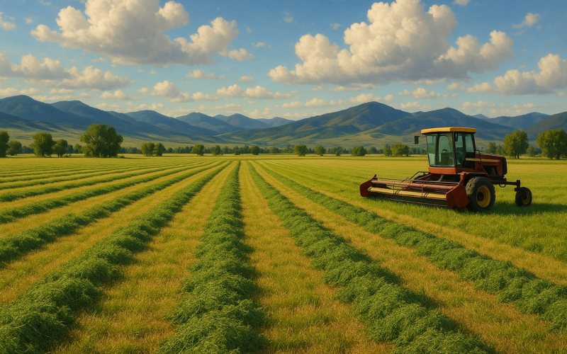 Freshly cut green alfalfa windrows across a Montana hay meadow with foothills in the background under afternoon light