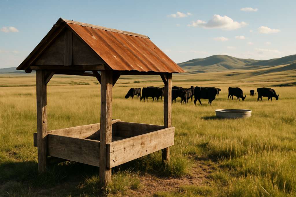 A covered mineral feeder on green summer range with Angus cattle grazing near a stock tank in the Montana foothills