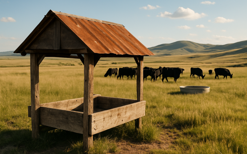 A covered mineral feeder on green summer range with Angus cattle grazing near a stock tank in the Montana foothills