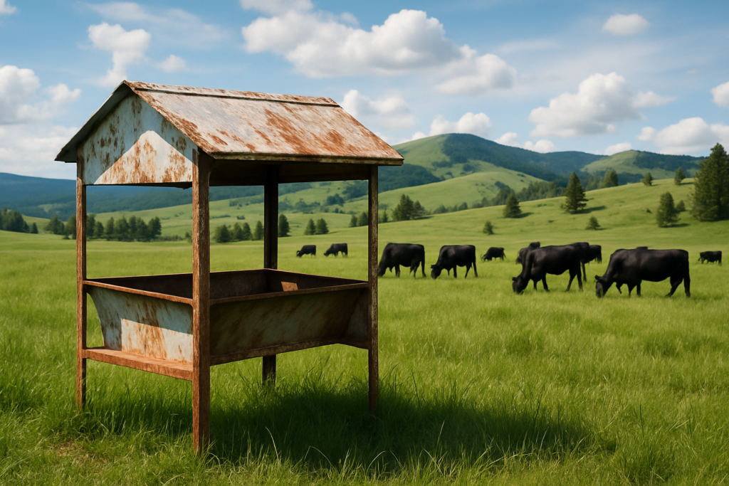 A covered mineral feeder in a green Montana pasture with black cattle grazing beyond it under a June sky