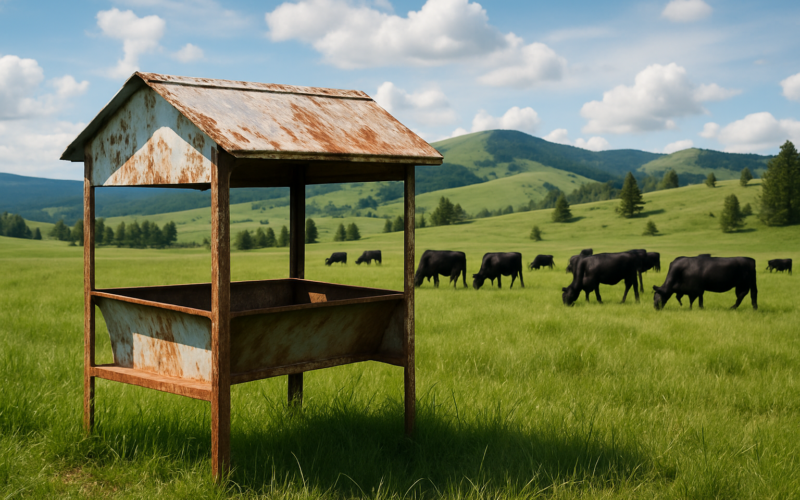 A covered mineral feeder in a green Montana pasture with black cattle grazing beyond it under a June sky