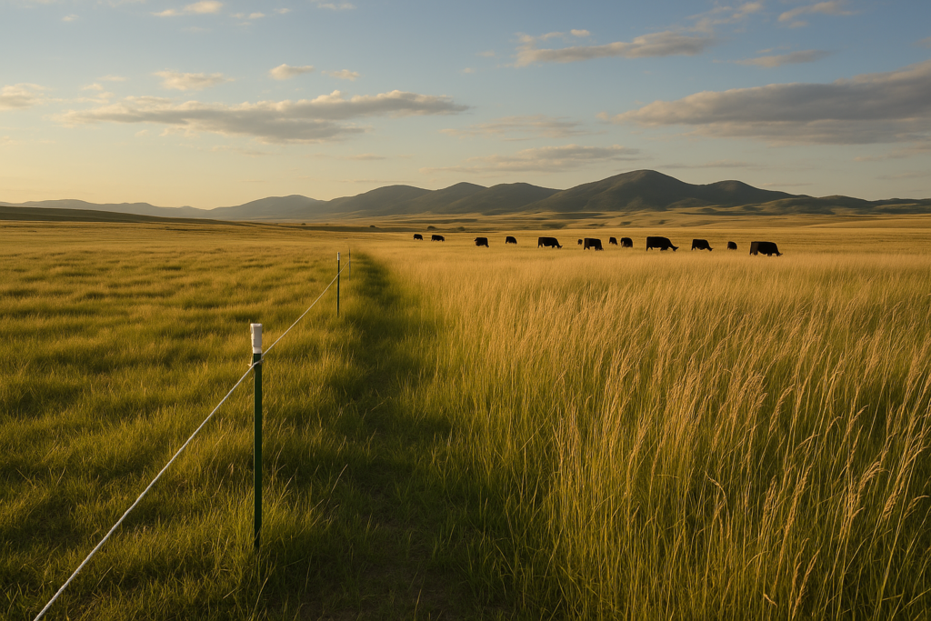 A single strand of temporary electric fence dividing grazed and rested grass on a green Montana rangeland pasture in June with cattle in the distance