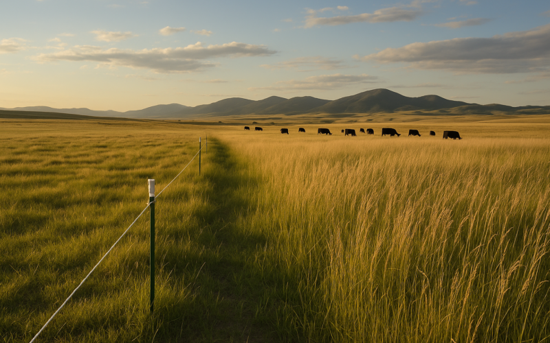 A single strand of temporary electric fence dividing grazed and rested grass on a green Montana rangeland pasture in June with cattle in the distance