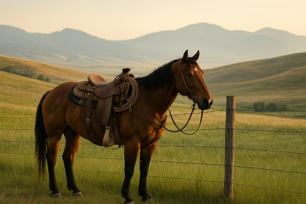A saddled ranch horse standing near a fence in the Montana foothills with green grass and distant mountains in early summer light