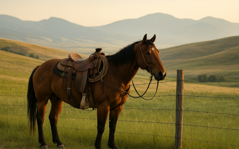 A saddled ranch horse standing near a fence in the Montana foothills with green grass and distant mountains in early summer light