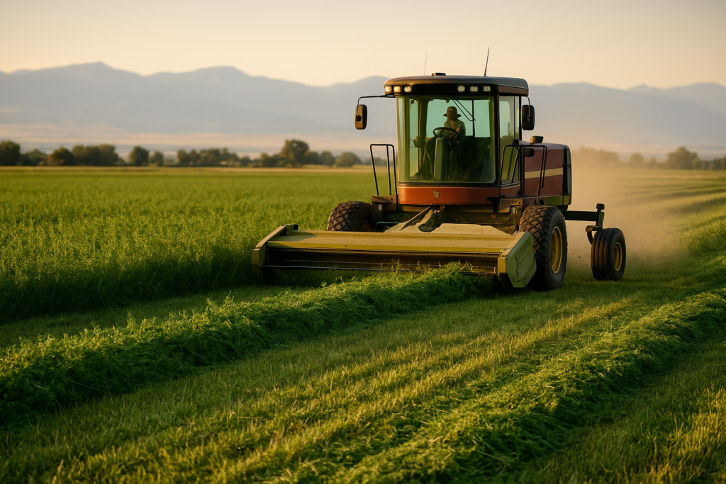 A swather laying down a windrow in a green Montana alfalfa field during first cutting under late afternoon light