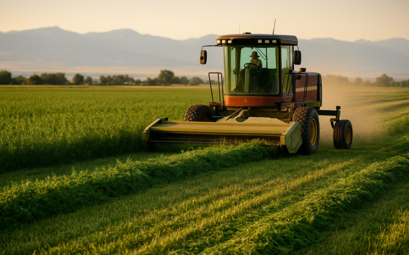 A swather laying down a windrow in a green Montana alfalfa field during first cutting under late afternoon light
