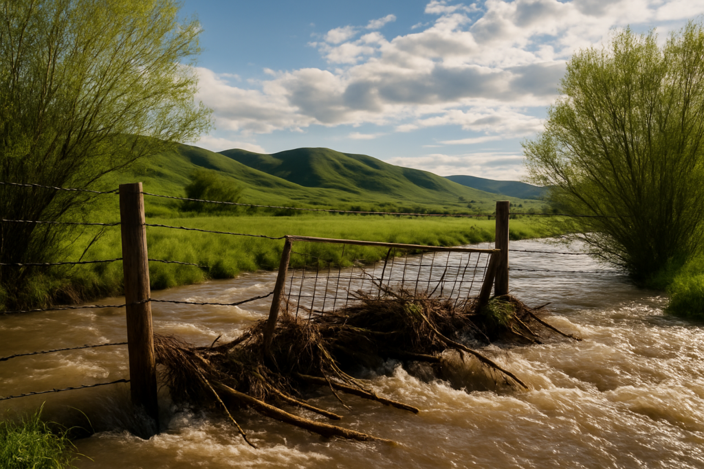 A barbed wire fence water gap clogged with flood debris where a creek crosses the fence line on a Montana ranch