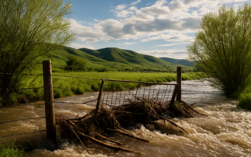 A barbed wire fence water gap clogged with flood debris where a creek crosses the fence line on a Montana ranch