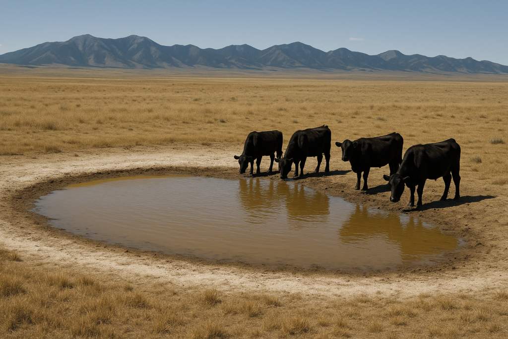 Black cattle drinking from a low, salt-rimmed stock pond on dry Montana rangeland in early summer