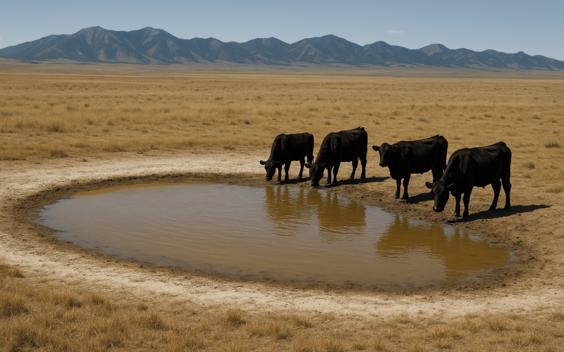 Black cattle drinking from a low, salt-rimmed stock pond on dry Montana rangeland in early summer
