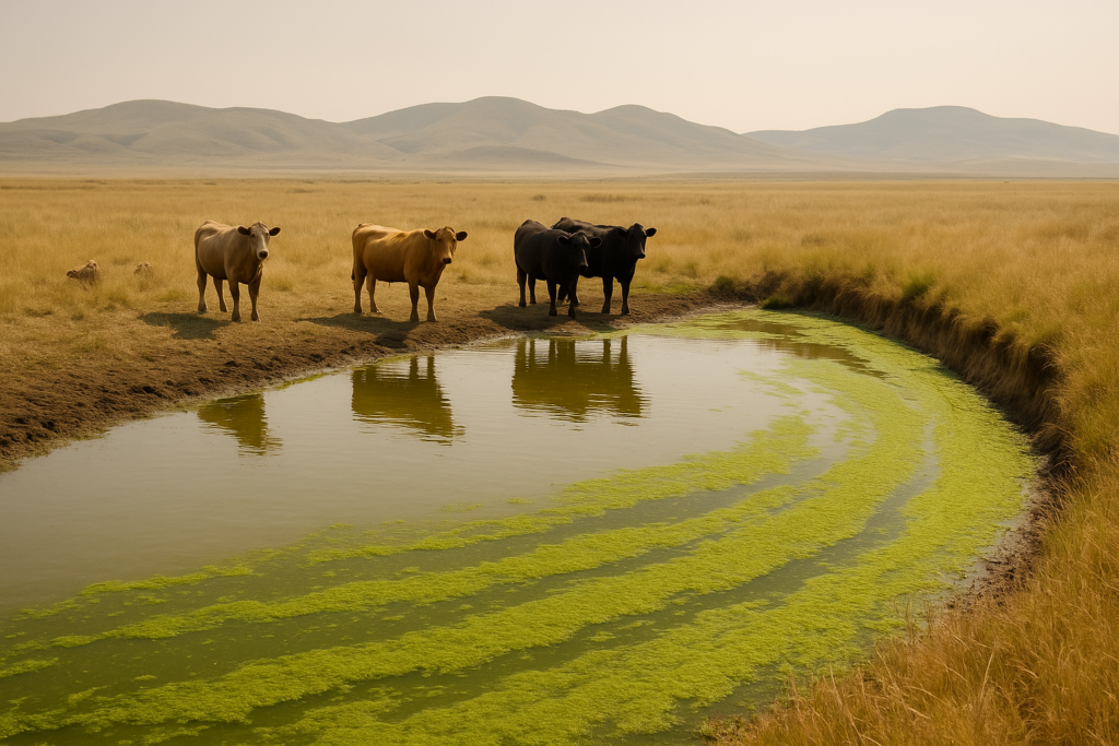 A green algae bloom collecting along the bank of a Montana stock pond with cattle standing near the muddy shore in summer heat