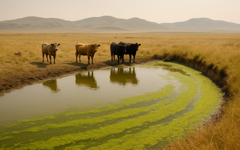 A green algae bloom collecting along the bank of a Montana stock pond with cattle standing near the muddy shore in summer heat