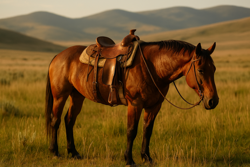 A saddled ranch horse standing on Montana summer grassland with foothills in the background in morning light