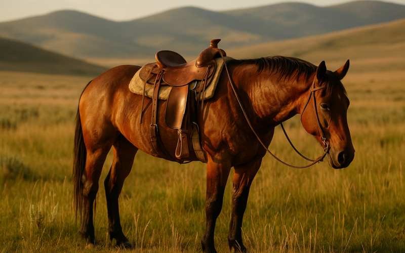 A saddled ranch horse standing on Montana summer grassland with foothills in the background in morning light
