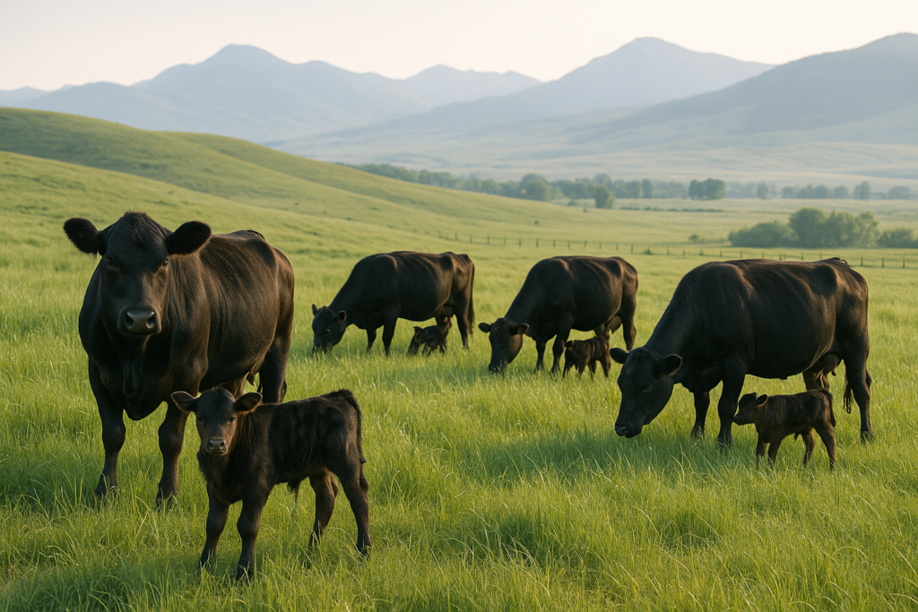 Young black cows with calves grazing on green Montana pasture with mountains in the distance in early summer