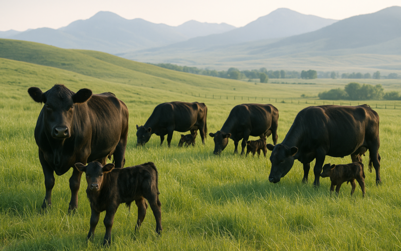 Young black cows with calves grazing on green Montana pasture with mountains in the distance in early summer