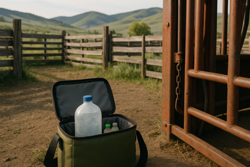A cooler holding vaccine bottles in the shade next to a chute at a Montana ranch corral on an early summer morning