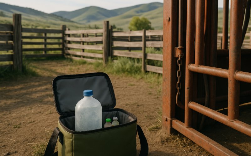 A cooler holding vaccine bottles in the shade next to a chute at a Montana ranch corral on an early summer morning