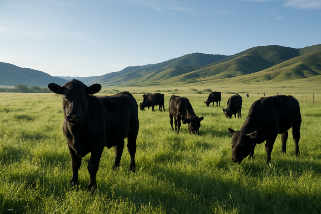Black yearling steers grazing dewy green summer pasture in a Montana valley with foothills in the distance