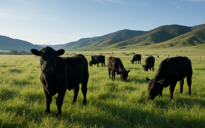 Black yearling steers grazing dewy green summer pasture in a Montana valley with foothills in the distance