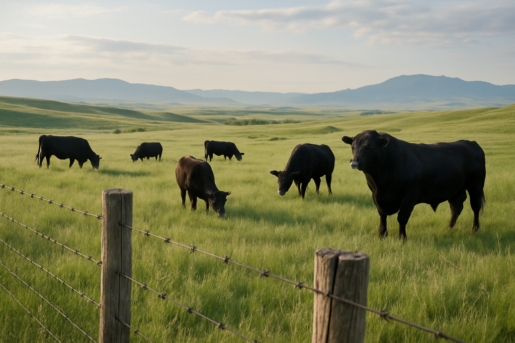 Black cattle and a bull grazing near a barbed-wire boundary fence on green Montana rangeland in early summer