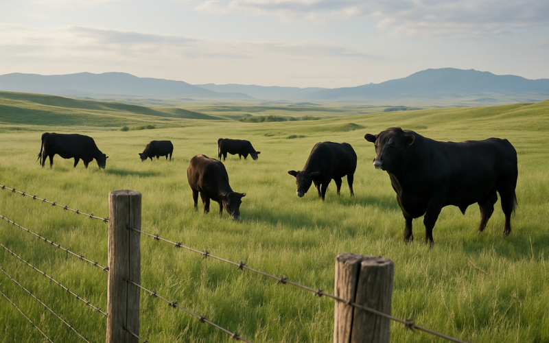 Black cattle and a bull grazing near a barbed-wire boundary fence on green Montana rangeland in early summer