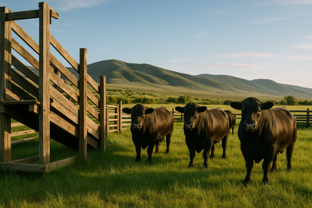 Beef bulls in a green Montana pasture beside a wooden corral and chute in early summer light