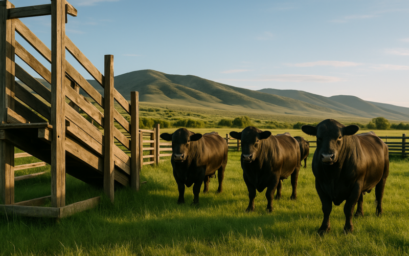Beef bulls in a green Montana pasture beside a wooden corral and chute in early summer light