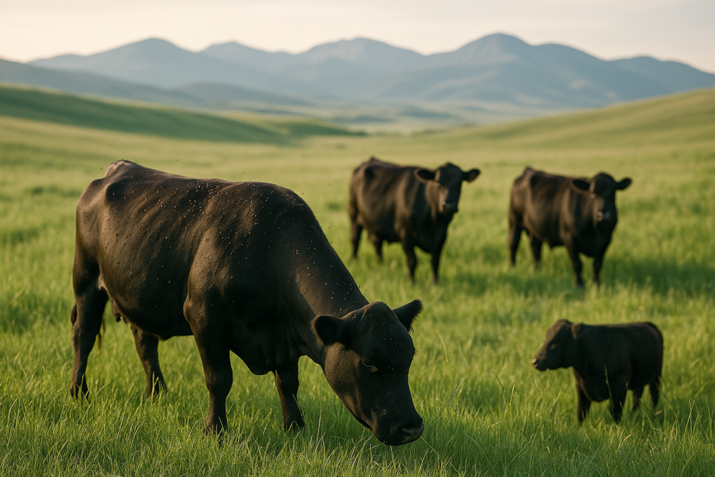 Black cattle grazing a green Montana foothills pasture in early summer, flies clustered on their backs