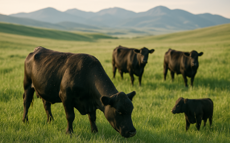 Black cattle grazing a green Montana foothills pasture in early summer, flies clustered on their backs