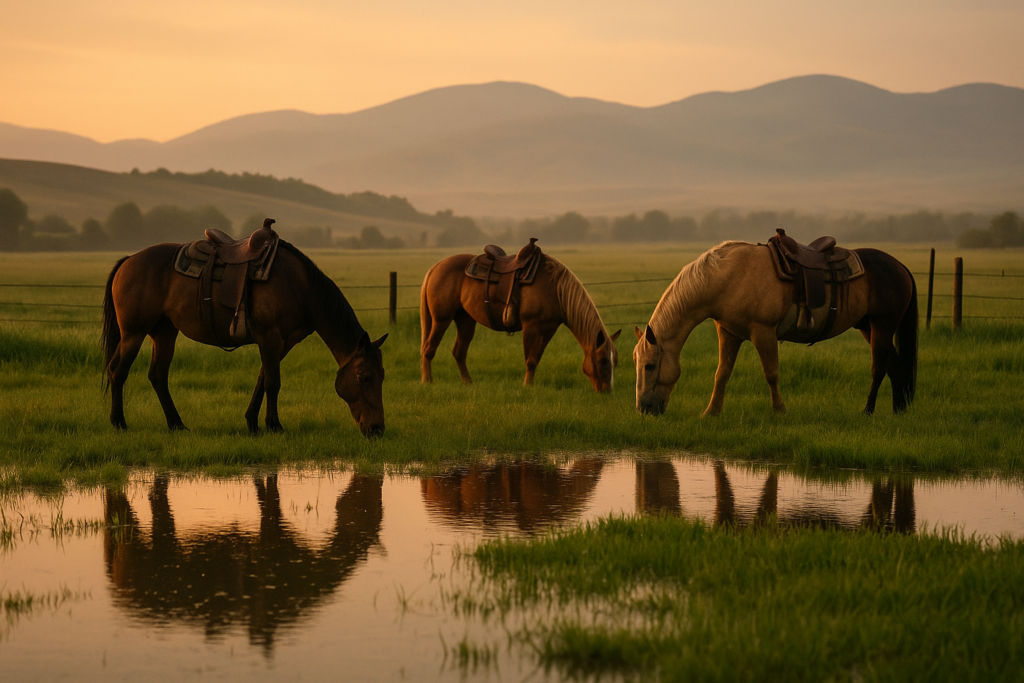 Ranch saddle horses grazing near a wet irrigated meadow at dusk in a Montana valley with foothills behind