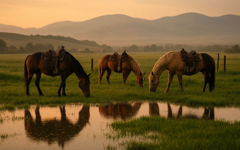 Ranch saddle horses grazing near a wet irrigated meadow at dusk in a Montana valley with foothills behind