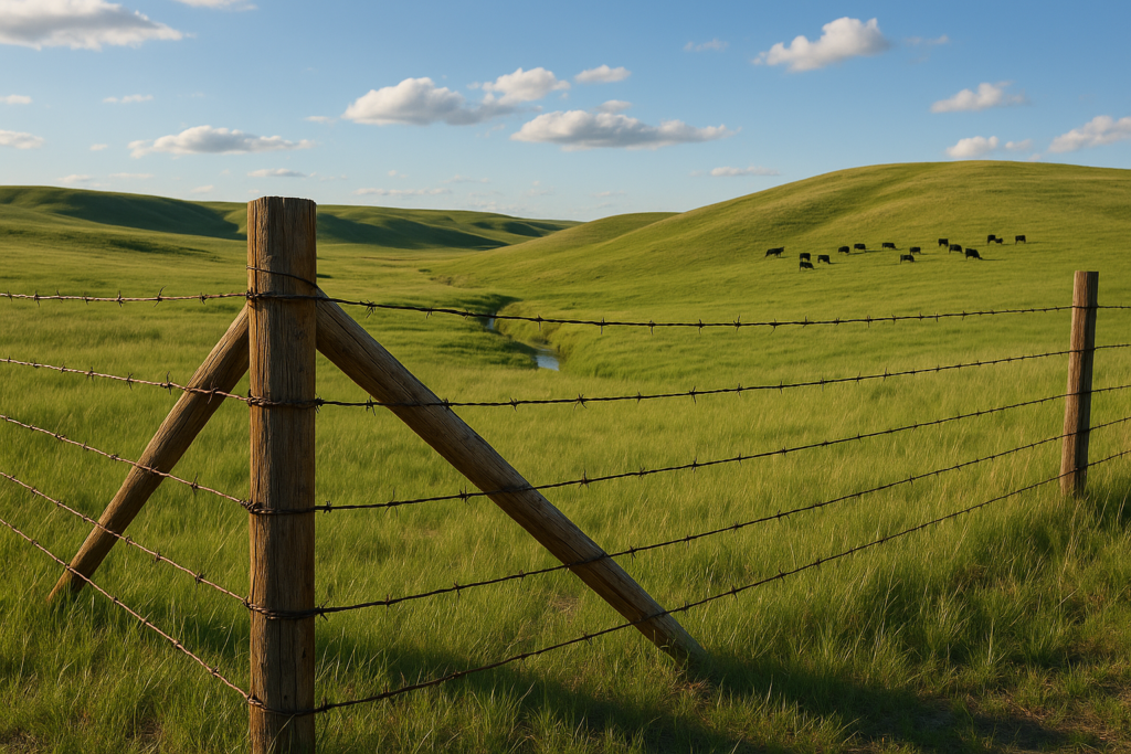 A barbed wire fence with a wooden corner brace running across green Montana rangeland with cattle grazing in the distance under a wide summer sky