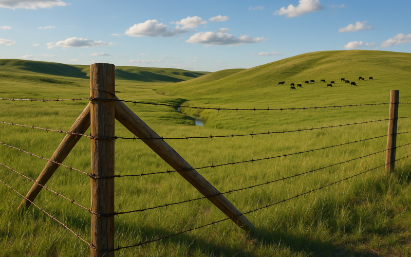 A barbed wire fence with a wooden corner brace running across green Montana rangeland with cattle grazing in the distance under a wide summer sky