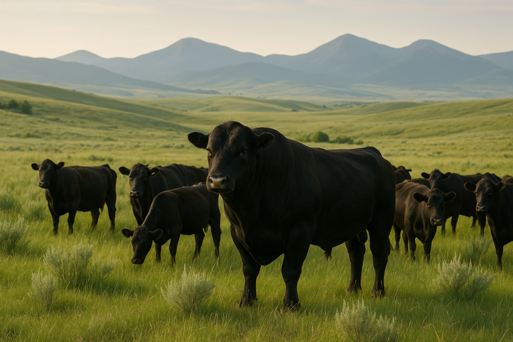 An Angus bull standing among cows on green Montana rangeland with foothills in the background in early summer light