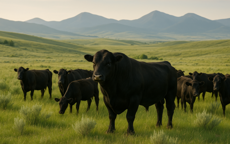 An Angus bull standing among cows on green Montana rangeland with foothills in the background in early summer light
