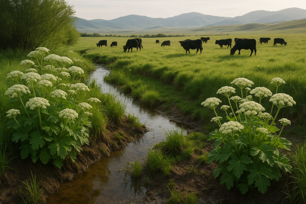White-flowering plants growing along a wet creek draw on a Montana ranch with black cattle grazing green grass in the background