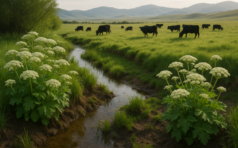 White-flowering plants growing along a wet creek draw on a Montana ranch with black cattle grazing green grass in the background