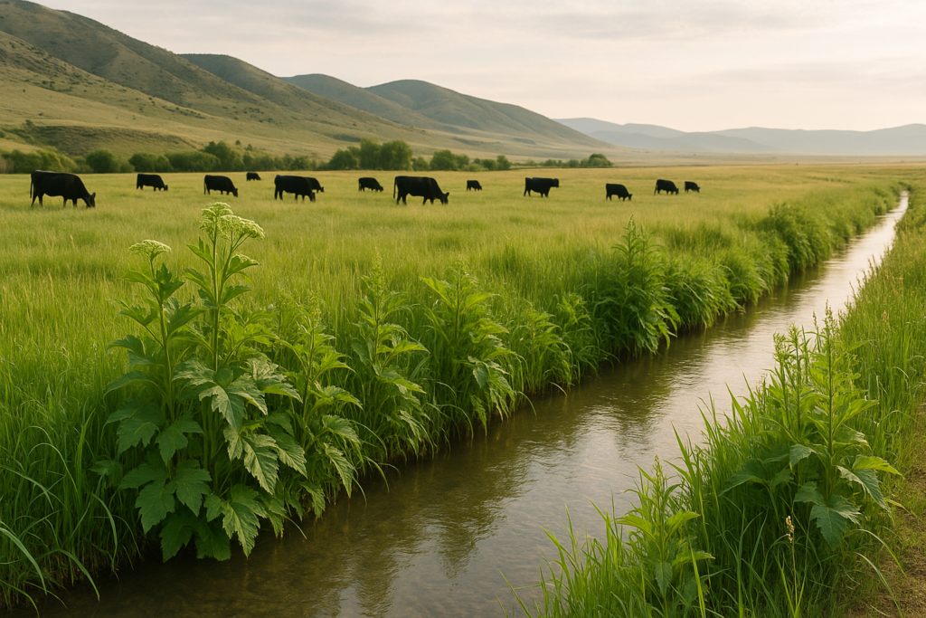 Cattle grazing near a wet meadow and irrigation ditch in early summer Montana, where water hemlock grows along the water's edge