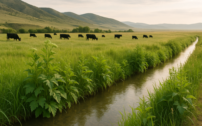 Cattle grazing near a wet meadow and irrigation ditch in early summer Montana, where water hemlock grows along the water's edge