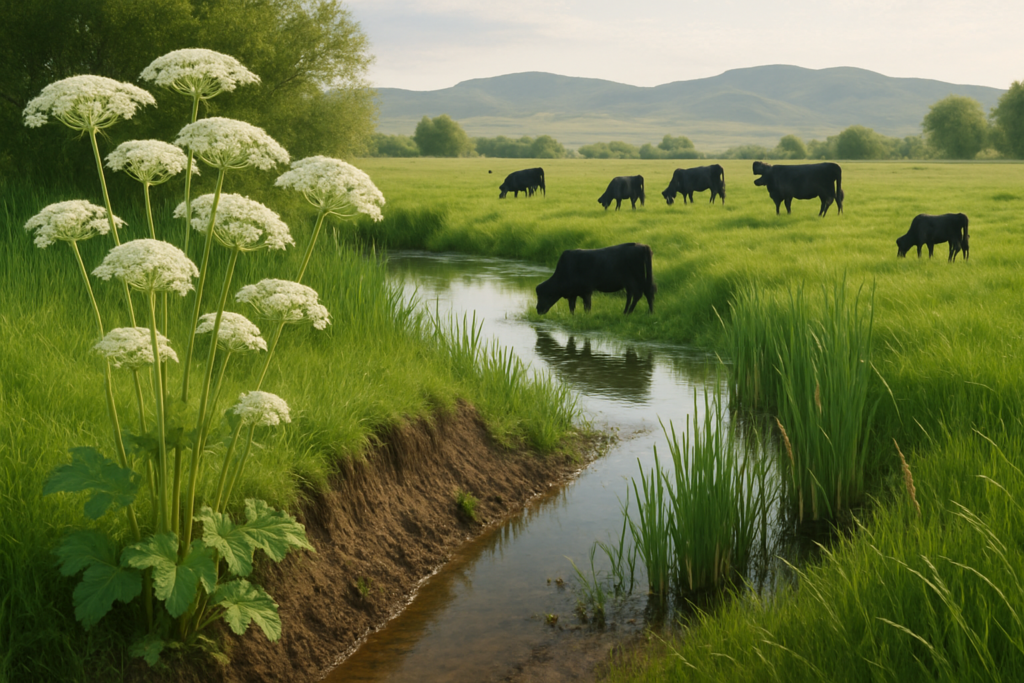 White umbrella-flowered plants growing along a muddy spring-fed ditch bank in a Montana meadow with cattle grazing near water in the distance