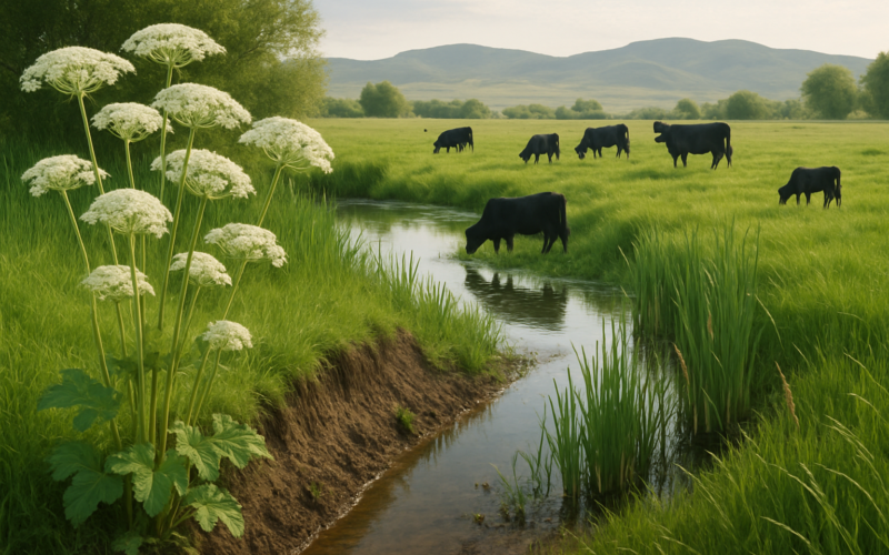 White umbrella-flowered plants growing along a muddy spring-fed ditch bank in a Montana meadow with cattle grazing near water in the distance