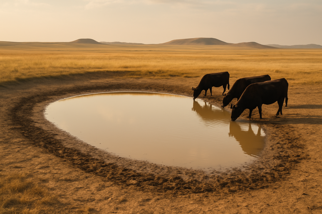 Black cattle drinking from a low, shrinking stock pond with an exposed muddy shoreline on dry Montana prairie in summer
